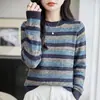 Suéter de Punto a Rayas Retro Color Block para Mujer Cuello Redondo Manga Larga Holgado Suéter Otoño Invierno Versátil Casual Top Básico