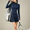 Camiseta de Manga Larga de Malla con Cuello Cruzado y Media Cremallera para Tenis y Fitness para Mujer Falda Deportiva Plisada de Cintura Alta Ropa de Golf y Fitness