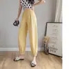 Pantalones bombachos de algodón y lino para mujer, verano, holgados, cintura alta, drapeados, de lino, hasta el tobillo, casuales, finos, tipo rábano, pantalones harén