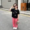 Conjunto de ropa personalizado de estilo coreano para niñas, de manga corta y pantalón largo, para niños mayores y niñas pequeñas, pantalones de pierna ancha, ropa infantil única y moderna y a la moda