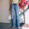 Estación Independiente Exportación Color Claro Jeans Simples para Mujer Amazon Transfronterizo Lavados Cintura Alta Pierna Ancha en Stock