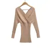 1071-26 Estilo Primavera Estilo Coreano Holgado Cuello en V Ceñido a la Cintura Manga Larga Tejido Liso Vestido Falda Corta