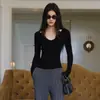 Camisa Base de Punto de Lana con Parches de Encaje Francés FREST UP para Mujer, Cuello en V, Elástica, Corte Ajustado, Top Versátil