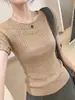 Top de punto acanalado estilo coreano con cuello redondo y manga corta para mujer, verano, temperamento, adelgazante, versátil, camiseta, top fino y fresco