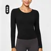 Top de yoga sin costuras ajustado de tejido cepillado para otoño e invierno, transfronterizo, para mujer, cuello redondo clásico, alta elasticidad, transpirable, manga larga, top deportivo para fitness