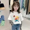 Camiseta de Manga Longa de Algodão Puro para Meninas, Primavera e Outono, Roupa Infantil, Estilo Coreano, Moderna, Versátil, Falsa Peça Dupla, Camiseta Básica para Meninas 3