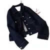 Jaqueta Jeans Workwear Vintage com Costura Contrastante para Mulheres, Estilo Fino para Primavera e Outono, Curta Petite Slim-Fit Estilo Bf Top de Estudante