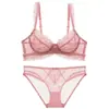 Conjunto de Sujetador de Encaje Dulce para Mujeres con Senos Pequeños, Push-up, Adelgazante, Soporte Lateral, Anticaída, (Hueco/Transparente), Transpirable
