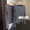 Moda Coreana de Punto Rayado a la Moda Hombros Descubiertos Mangas Acampanadas Corte Ajustado Suéter Pulóver para Mujer Otoño Invierno Nuevo L0918Z