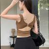 Nuevo Estilo Primavera y Verano Camisola Chica Picante con Copas, Adecuada para Uso Interior y Exterior, Diseño Falso de Dos Piezas con Colores Contrastantes y Diseño Hueco, Elegante Top sin Espalda