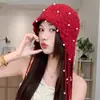 Colgante de Borla de Perla Sombrero Pequeño Adelgazante Sombrero Turbante Tejido Sombrero de Lana de Ganchillo Hueco para Mujer Tendencia