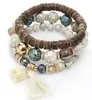 Moda Europea y Americana Versátil Lindo Pulsera de Elefante Pulsera de Cuentas Multicapa Hecha a Mano Pulsera con Borla de Madera Turquesa