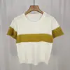 Verano Nuevo Estilo Coreano Rayas Combinación de Colores Todo-combinable Adelgazante Cuello Redondo Jersey Camiseta Tejida de Seda de Hielo para Mujer Manga Corta Top