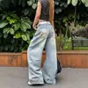 Jeans retro americano bordado com foice para mulheres, calça de outono de cintura baixa, solta, reta, perna larga, comprimento total