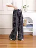 Calça Larga Feminina Estampada de Seda de Gelo Transfronteiriça, Calça Casual Solta de Cintura Alta para Casa, Estilo Fino de Verão para Mães de Meia-Idade e Idosas