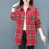 Precio de Remate Mensaje Privado Camisa de Algodón a Cuadros para Mujer Manga Larga Corte Holgado Cubre Vientre Tallas Grandes Tejido Cepillado Top Chaqueta Estilo Mamá