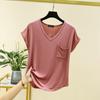 Camiseta de manga corta con cuello en V, holgada y con bolsillos para mujer, de verano, fina, de una sola pieza, ajustada, con base interior de color liso