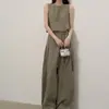 Chaleco corto sin mangas rosa suave estilo coreano con pantalones de pierna ancha de cintura alta con cordón, atuendo casual holgado adelgazante para commuting