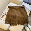 Saia de Camurça Vintage com Franjas Irregulares para Mulheres, Cintura Alta Emagrecedora Hot Girl Saia Curta Bodycon em Linha A A13963