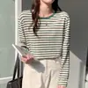 Tiro real: Camiseta listrada feminina de manga longa com gola nas costas, estilo coreano 2026 primavera/outono, base solta 18356