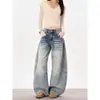 Jeans de Pierna Ancha de Tiro Bajo Estilo Retro Americano para Mujeres Altas, Pantalones Curvos de Longitud de Piso Holgados de High-Street Nuevos de Invierno