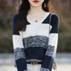 Moda Primavera y Otoño Transfronteriza Bloque de Color Cuello en V Algodón Puro Tejido Estilo Coreano Manga Larga Holgado Casual Suéter Top Elegante