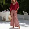 Conjunto de Traje de Algodón y Lino Nuevo de Verano para Mujer Top Holgado de Manga Corta con Cuello en V Pantalones de Pierna Ancha Rayados Conjunto de Dos Piezas Casual Transfronterizo
