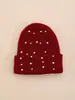 Chapéu de tricô circular waffle de dupla agulha com strass e pérolas de luxo leve transfronteiriço, chapéu de lã quente versátil para outono e inverno ao ar livre