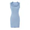 Vestido azul sin mangas de cuello cuadrado con temperamento para mujer, abertura en la espalda, corte ajustado, ceñido al cuerpo, sexy, que realza la cadera, vestido midi