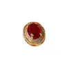 Pingente Oval Grande de Rubi Estilo Corte Vintage, Joia de Luxo Banhada a Ouro Incrustada com Diamantes, Acessório Decorativo de Luxo Leve