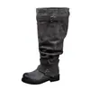 En stock alta calidad 2026 piel genuina punta redonda vintage desgastado tacón bajo hebilla hasta la rodilla botas de equitación para mujer