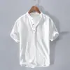 Camiseta Masculina de Algodão e Linho Ice Silk Estilo Novo Outono Manga Curta Branca Simples Camisa Polo Gola Alta Camisa de Linho