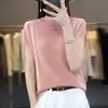 Pulóver de Lana Fina de Verano Estilo Nuevo Cuello Redondo Canalé Manga Corta para Mujer Camiseta Corta de Punto Versátil Color Sólido