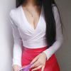 V-Neck Sexy Top Mulheres de manga comprida short-suit plissado baixo pescoço exposição T-Shirt Tight-Fit Navel Leakage Short High Cintura Base Shirt