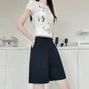 Pantalones cortos deportivos de algodón lavado para mujer, nuevo estilo de verano, de cintura alta, holgados, casuales, de pierna ancha, línea A, para petite, de longitud hasta la rodilla