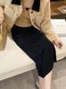 Falda color avena para otoño e invierno, falda holgada de cintura alta hasta la rodilla, de punto de un solo paso y caderas estrechas para mujer