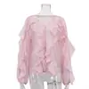 Comércio Exterior Europeu e Americano 2025 Primavera e Outono Novo Casual Versátil Transparente Chiffon Top Design Camisa de Manga Longa Franzida
