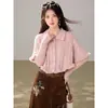 Suéter Capa Estilo Francés Pequeña Fragancia para Dama Mujer Otoño Invierno Nuevo Alta Sociedad Burguesía Blusa con Volantes Tejido de Punto Rosa