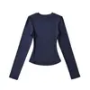 Camiseta Sexy de Manga Larga con Cuello Redondo Estilo Puro Deseo para Mujer, Nuevo Modelo de Primavera, Color Sólido Básico Ajustada Costillada Top Base