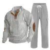 Cross-border masculino outono e inverno novo sportswear duas peças veludo cotelê botão henry camisa e calças retas terno casual