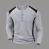 Amazon Transfronterizo Nuevo Waffle de Hombre Bicolor Cuello Alto Abotonada Manga Larga Henley Camisa Casual Otoño Top