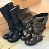 Botas de Cavaleiro da Moda Versáteis Vintage Desgastadas de Comprimento Médio com Cano Largo para Mulheres - Nova Coleção Outono/Inverno 2026 com Bico Redondo
