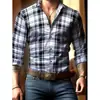 Nueva camisa de manga larga a cuadros vintage transfronteriza para hombre, versátil casual de primavera y otoño, estampado digital 3D, elasticidad en cuatro direcciones