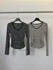 Treze LinhasKAPOKNovo Outono Clássico Estilo Coreano Gola U Versátil Listrada Manga Longa Camiseta 61081