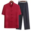 Traje Tang de Verano Nuevo para Hombres de Mediana Edad y Mayores, Camisa de Manga Corta Delgada, Pantalones Largos, Conjunto de Dos Piezas, Conjunto de Traje Tai Chi Estilo Chino para Hombres