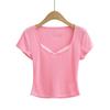 CL2449-24 Verano Nuevo Chica Picante Americana Deseo Puro Corta Hueca Puntada de Encaje Deseo Puro Camiseta de Manga Corta