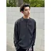 Camisa polo masculina estilo retrô americano com colarinho Henry, camiseta de manga longa, estilo old money para primavera e outono, camisa de camada interna com gola V texturizada