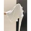 Camiseta Interior de Punto de Polka Dot en Contraste con Borde de Hongo, Top de Cuello Alto Medio Otoño e Invierno, Mangas Largas Cálidas Cepilladas en el Hombro Derecho con Camiseta para Mujer