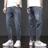 Jeans masculino cropped de alta qualidade de Hong Kong, novo tendência outono 2026, calça casual solta de perna reta elástica afunilada