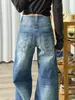 Jeans de pierna ancha de tiro alto lavados para mujer, nuevo diseño primavera/verano 2026, pantalones holgados retro adelgazantes, transfronterizo